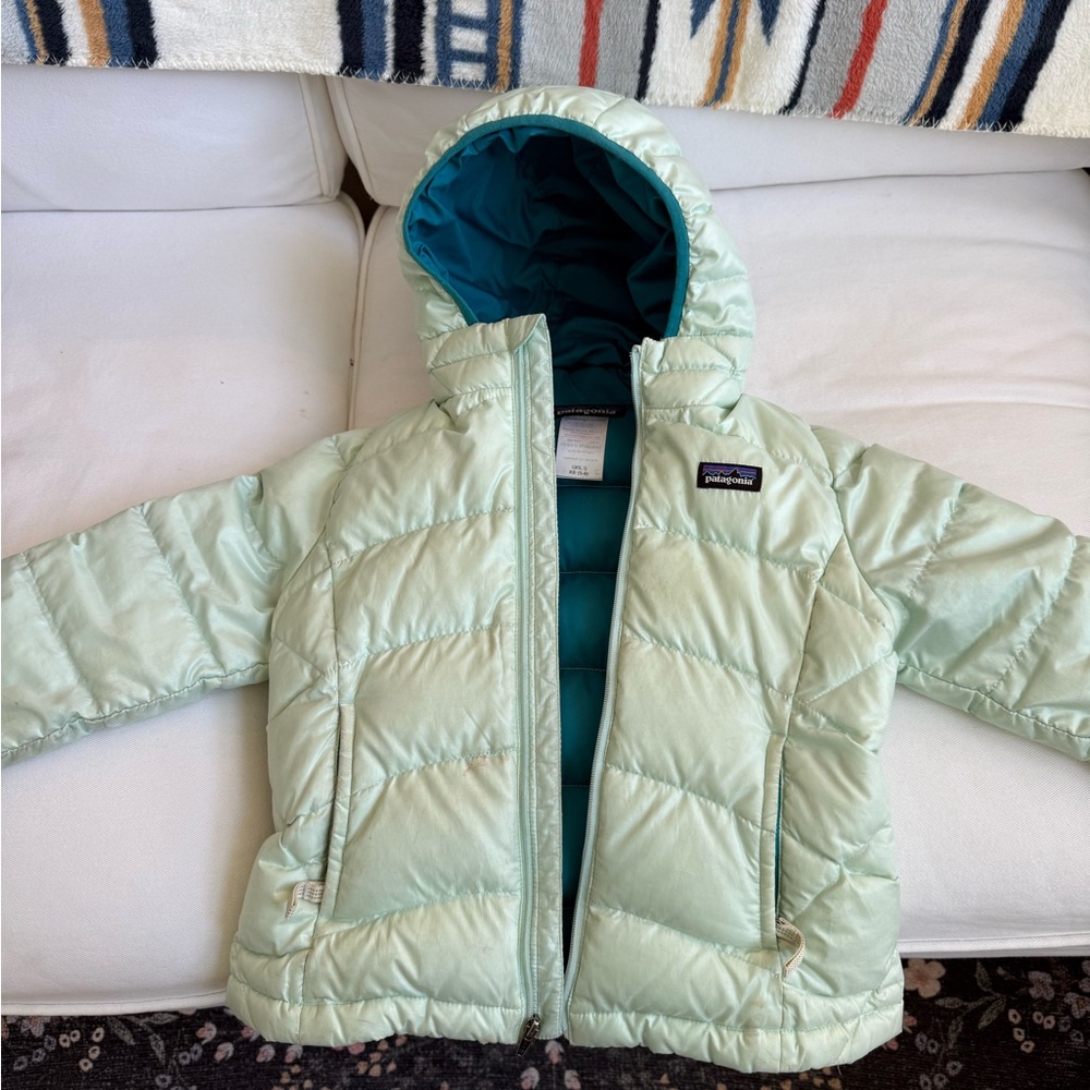 Patagonia Light Green Hi-Loft Down Sweater with Hood